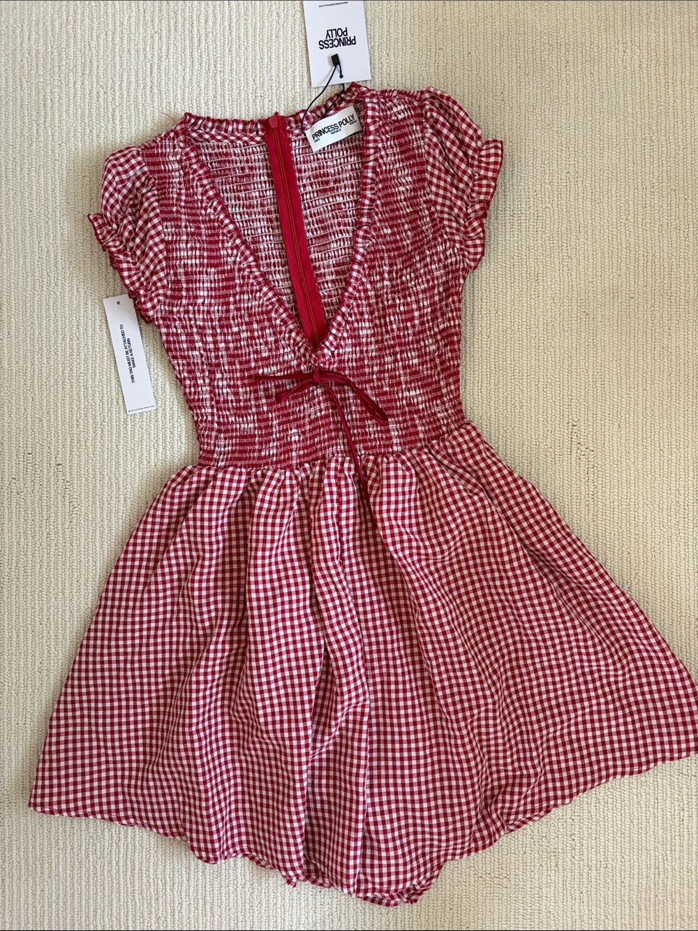 Princess Polly Red Gingham Tie-Front Smocked Dress